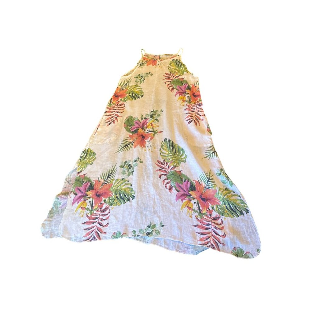 Lungo L'Arno Dress White Floral LX9907Bβ 100% Linen Tropical Handkerchief Hem S